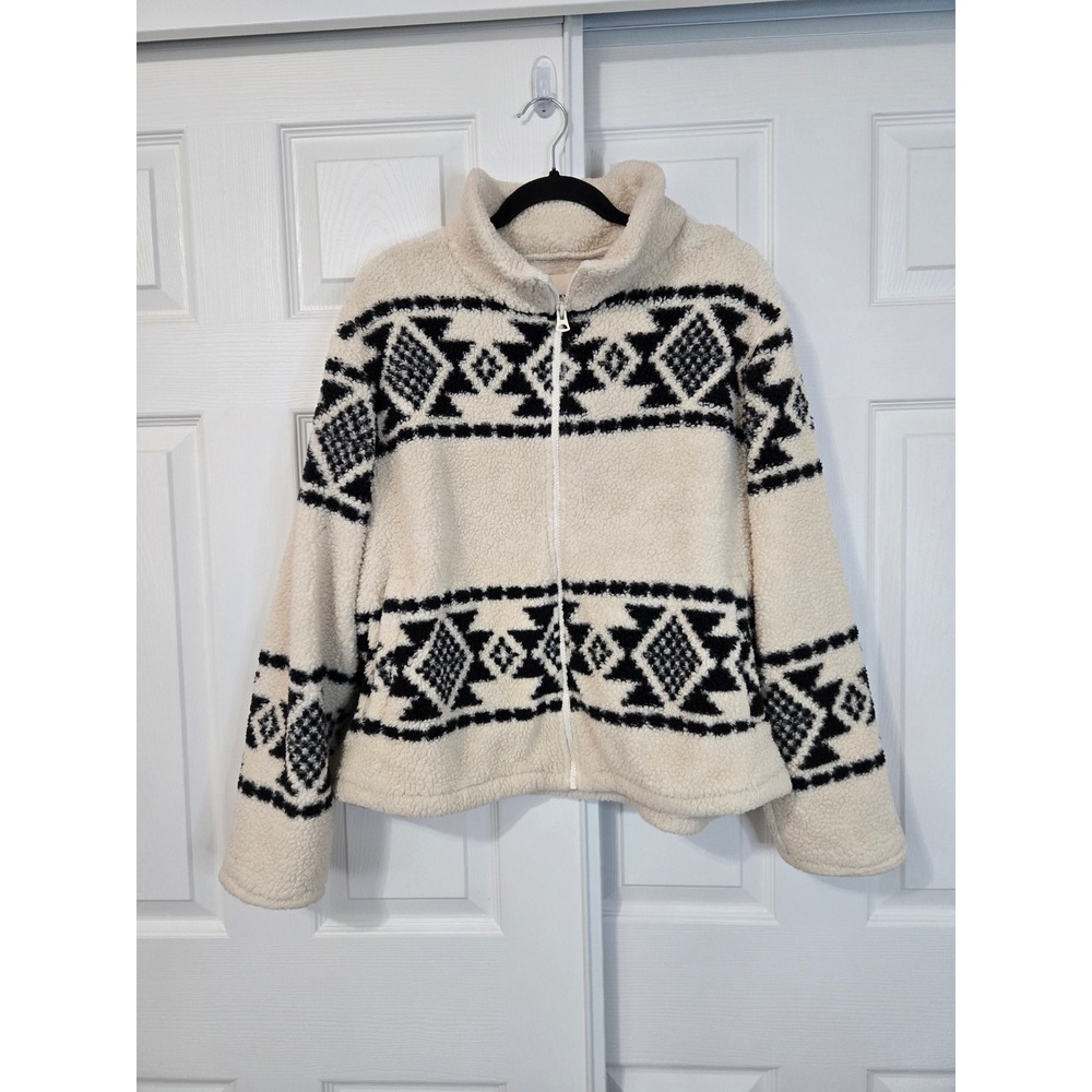 Lucky Brand Womens Aztec Sherpa Jacket Cream Black Full Zip Fleece Mock Neck L